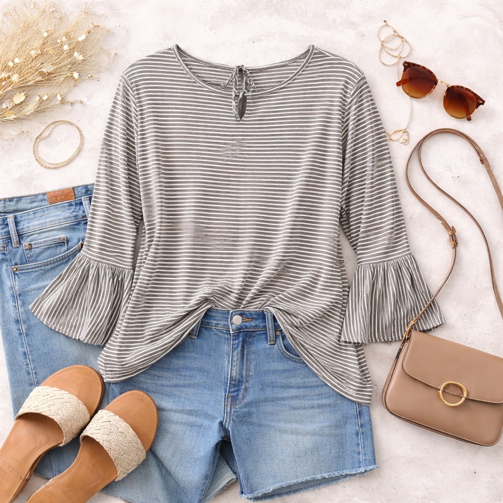 Wallpaper Gray White Stripe Bell Sleeve Tie Neck Tunic Top 2X